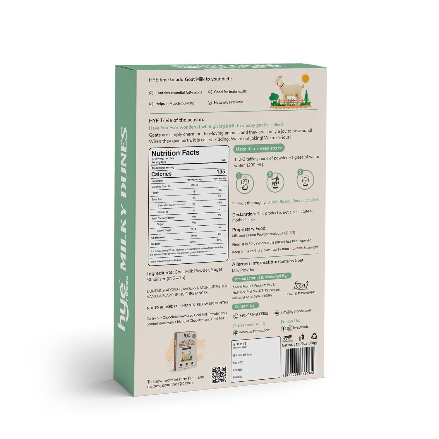 HYE FOODS Milky Dunes Goat Milk Powder | Pasture Grazed ? Vanilla Flavour ? 12.69 Oz (360gms) - Image 2